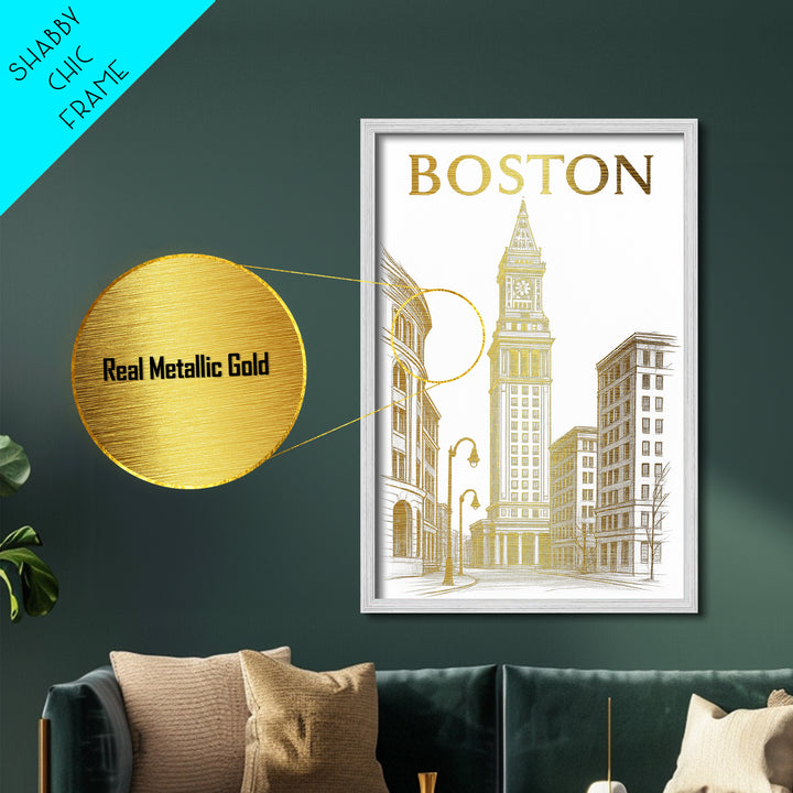 Boston Massachusetts travel, Metallic Gold Print, Modern House Art, Metal Art, Wood Framed Art, Traveler Gift, Destination Gift