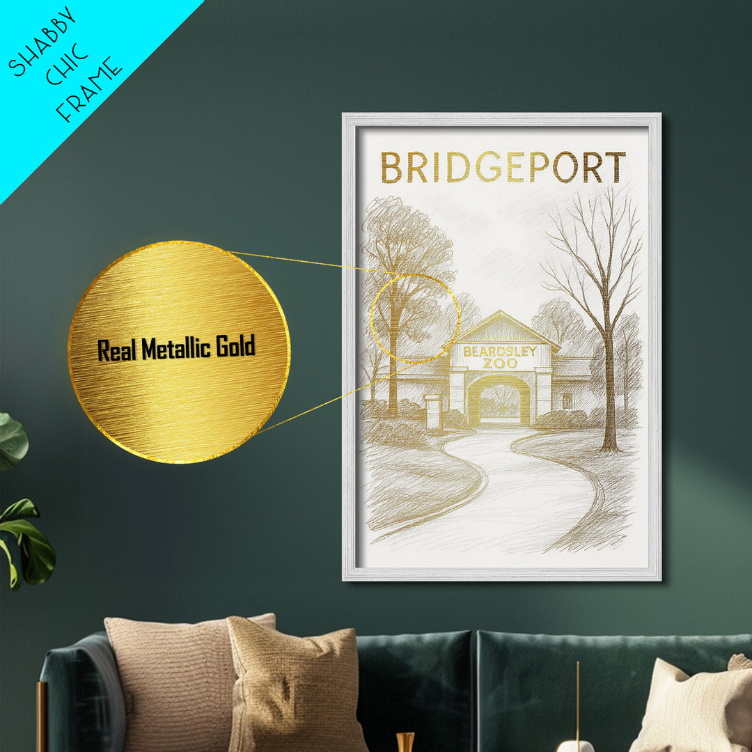 Bridgeport Connecticut travel, Metallic Gold Print, Modern Skyline Wall Print, Metal Art, Wood Framed Art, Adventure Lover Gift, Travel Gift