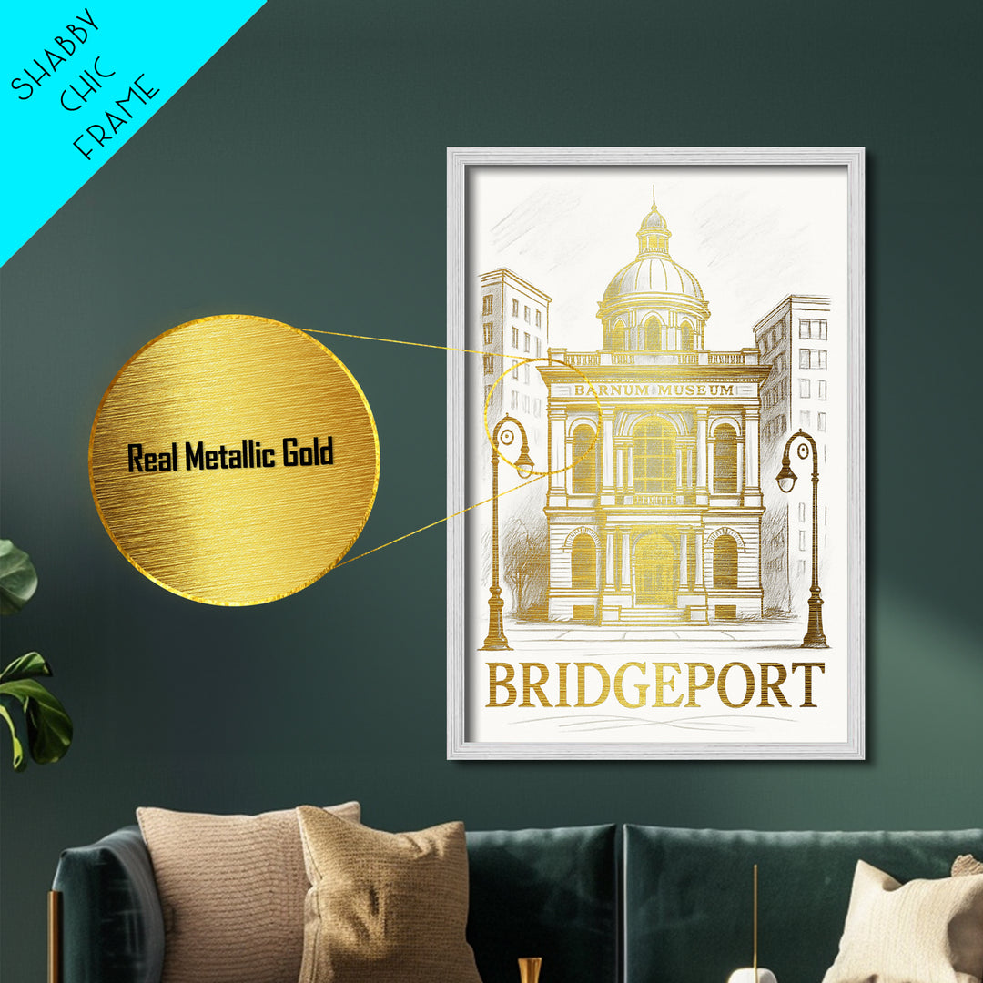 Bridgeport Connecticut art, Metallic Gold Art, Housewarming Gift, Metal Art, Wood Framed Art, Newlywed Travel Gift, Honeymoon Gift