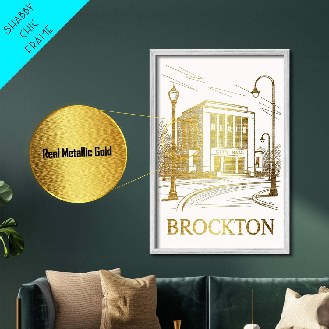 Brockton Massachusetts art, Metallic Gold Art, Office Decor, Metal Art, Wood Framed Art, Graduation Travel Gift, Destination Gift