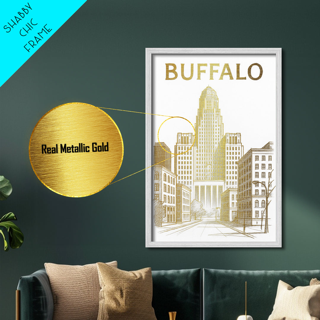 Buffalo New York travel, Metallic Gold Print, Modern Skyline Wall Print, Metal Art, Wood Framed Art, Adventure Lover Gift, Travel Gift