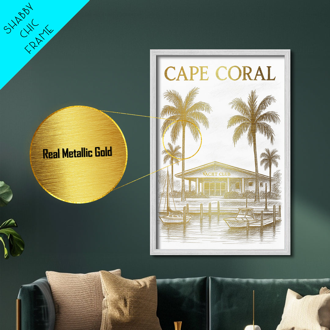 Cape Coral Florida travel, Metallic Gold Print, Modern House Art, Metal Art, Wood Framed Art, Traveler Gift, Destination Gift