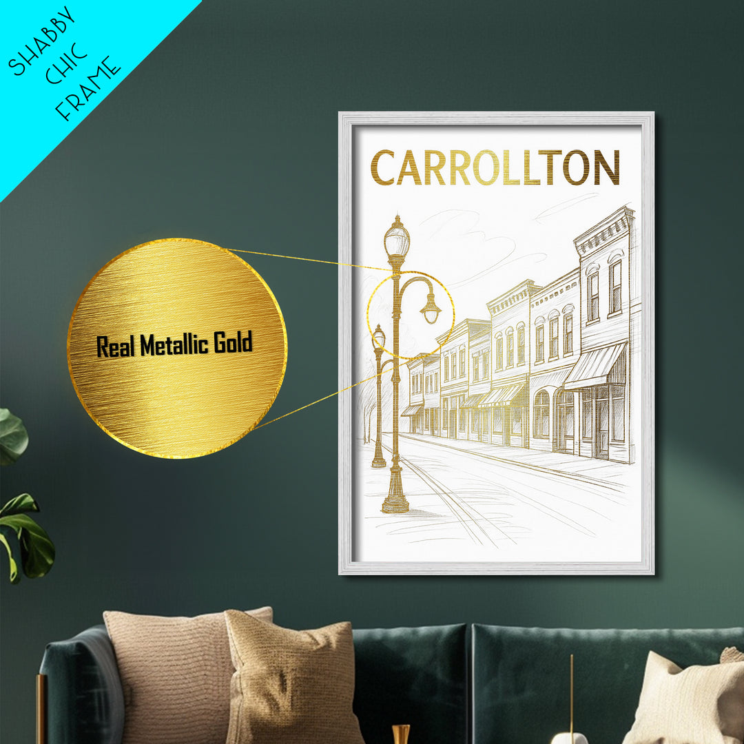 Carrollton Texas travel, Metallic Gold Print, Closing Gift, Metal Art, Wood Framed Art, Anniversary Travel Gift, Retirement Travel Gift