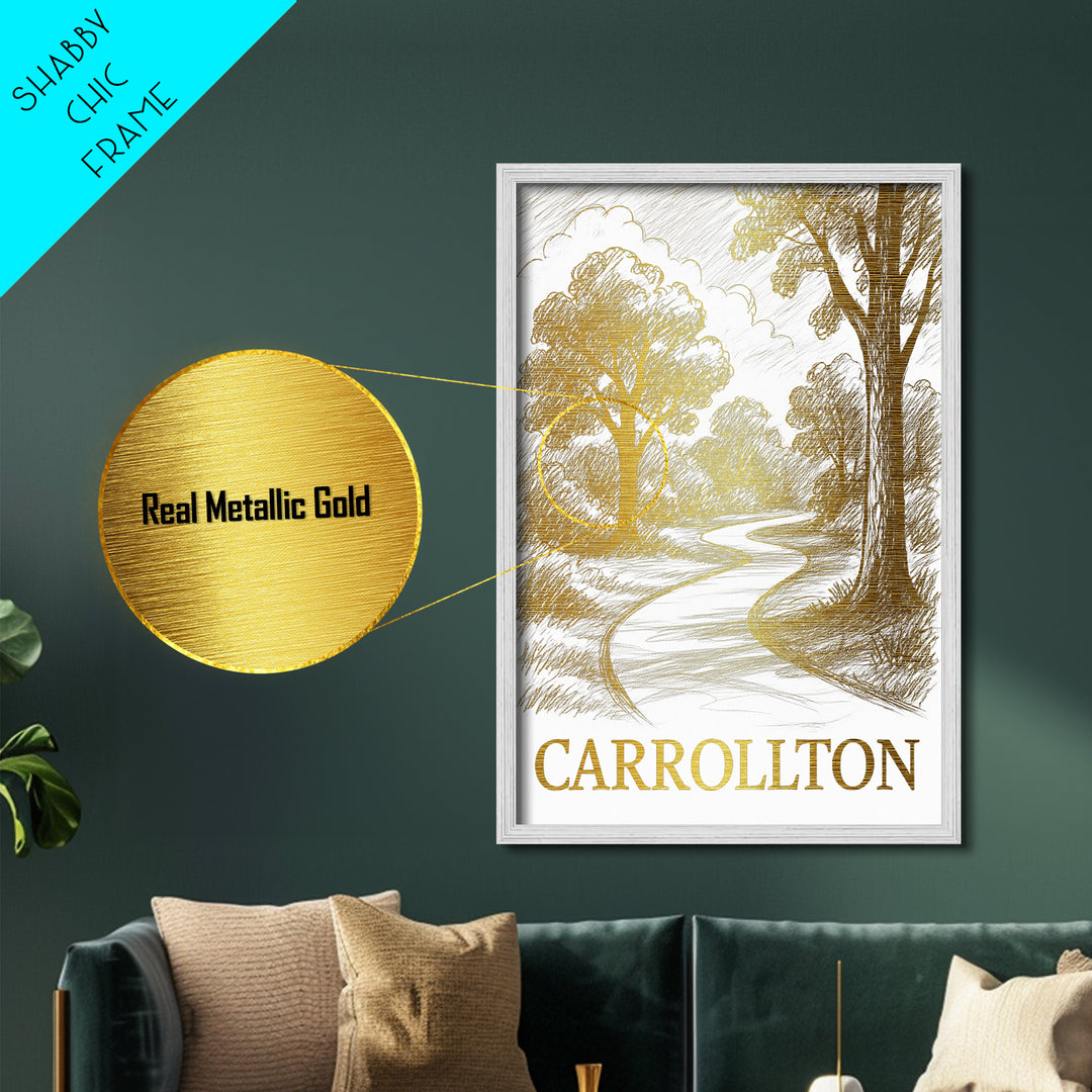Carrollton Texas art, Metallic Gold Art, Office Decor, Metal Art, Wood Framed Art, Graduation Travel Gift, Destination Gift