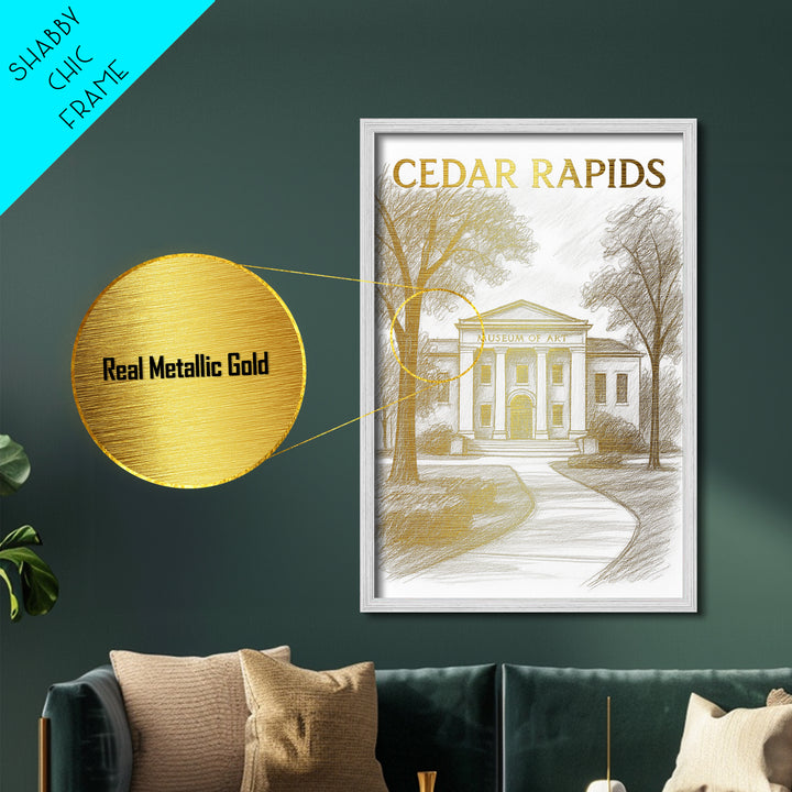 Cedar Rapids Iowa travel, Metallic Gold Print, Modern House Art, Metal Art, Wood Framed Art, Traveler Gift, Destination Gift