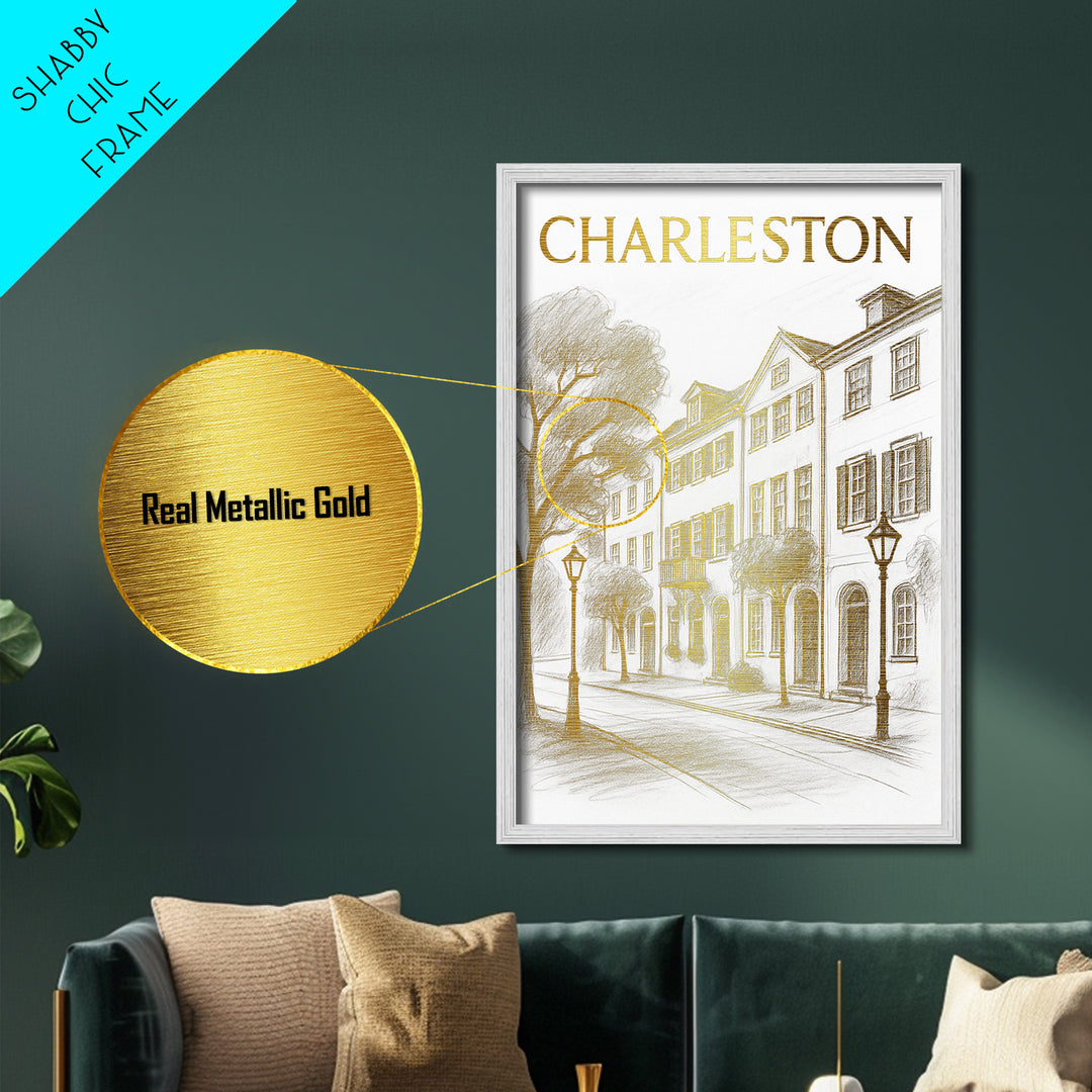 Charleston South Carolina travel, Metallic Gold Print, Closing Gift, Metal Art, Wood Framed Art, Anniversary Travel Gift, Traveler Gift