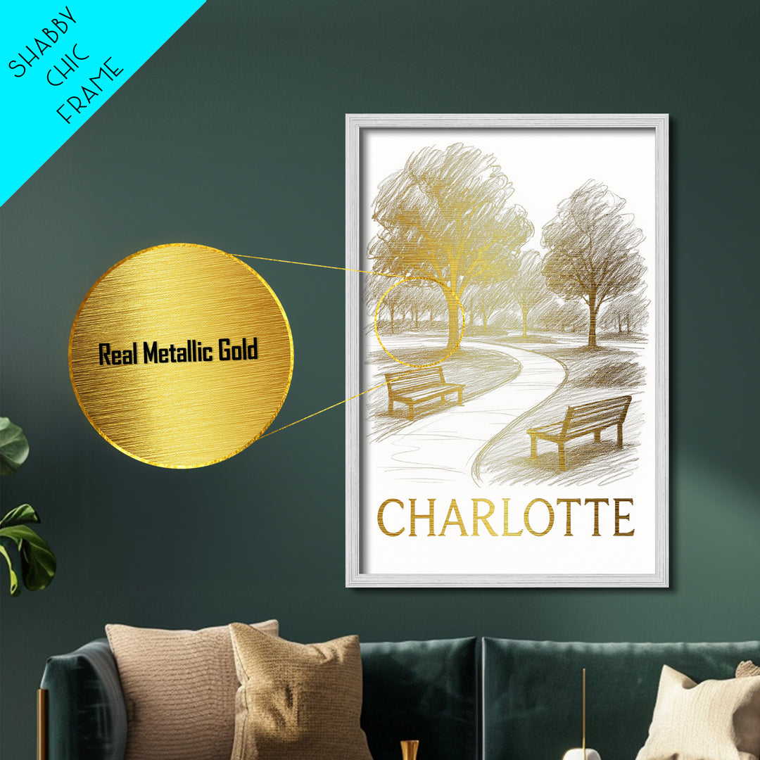 Charlotte North Carolina art, Metallic Gold Art, Travel Art Prints, Metal Art, Wood Framed Art, Wanderlust Gift, Adventure Lover Gift