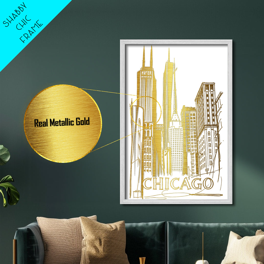 Chicago Illinois travel, Metallic Gold Print, Modern Skyline Wall Print, Metal Art, Wood Framed Art, Adventure Lover Gift, Travel Gift