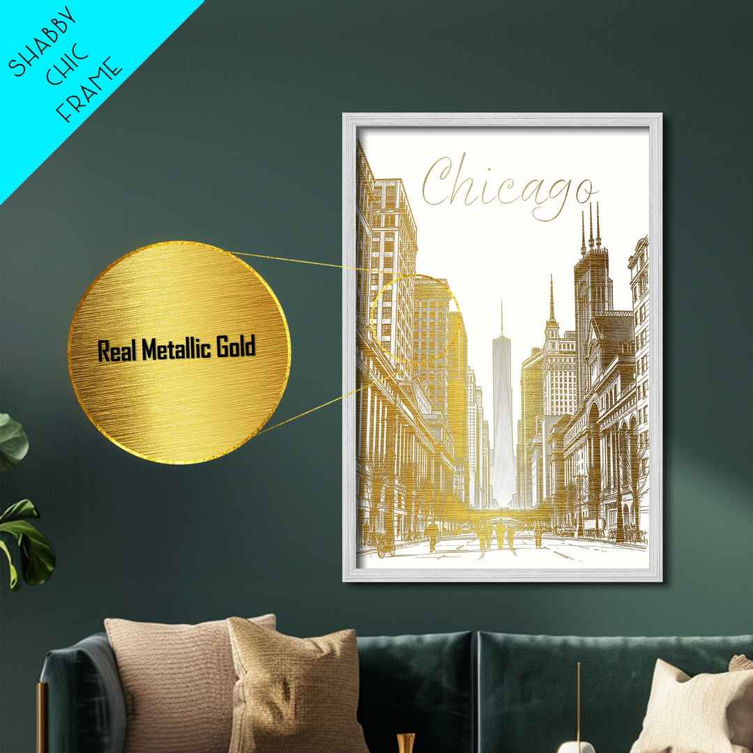 Chicago Illinois art, Metallic Gold Art, Housewarming Gift, Metal Art, Wood Framed Art, Newlywed Travel Gift, Honeymoon Gift