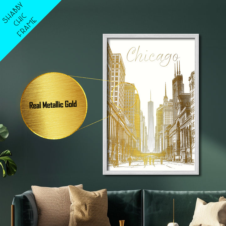 Chicago Illinois art, Metallic Gold Art, Housewarming Gift, Metal Art, Wood Framed Art, Newlywed Travel Gift, Honeymoon Gift