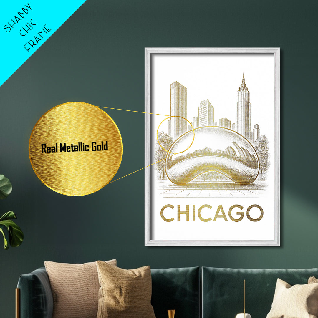 Chicago Illinois travel, Metallic Gold Print, Modern Skyline Wall Print, Metal Art, Wood Framed Art, Anniversary Travel Gift, Traveler Gift