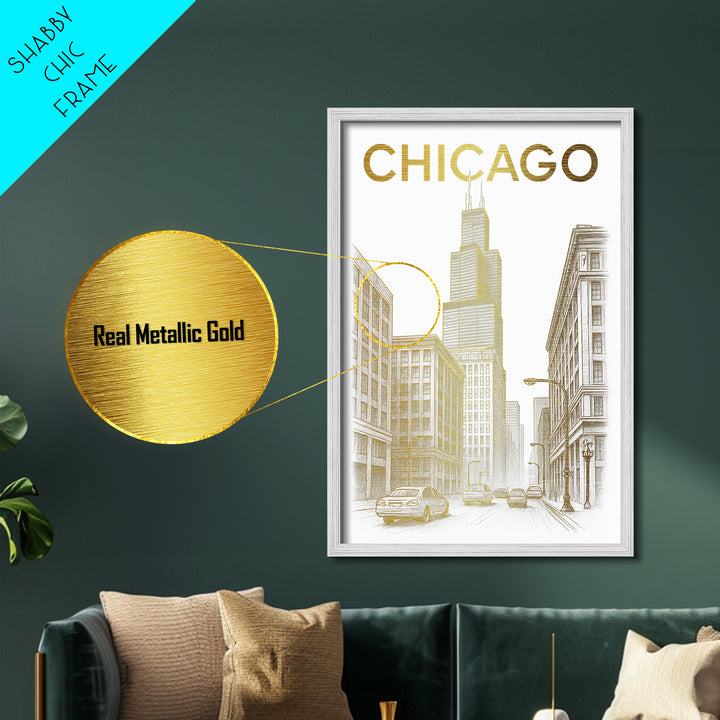 Chicago Illinois travel, Metallic Gold Print, Closing Gift, Metal Art, Wood Framed Art, Anniversary Travel Gift, Retirement Travel Gift