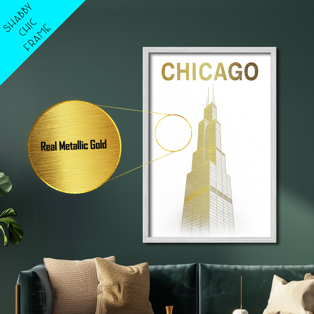 Chicago Illinois art, Metallic Gold Art, Office Decor, Metal Art, Wood Framed Art, Graduation Travel Gift, Destination Gift