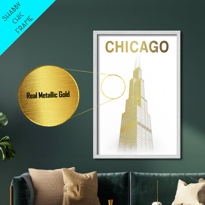 Chicago Illinois art, Metallic Gold Art, Office Decor, Metal Art, Wood Framed Art, Graduation Travel Gift, Destination Gift