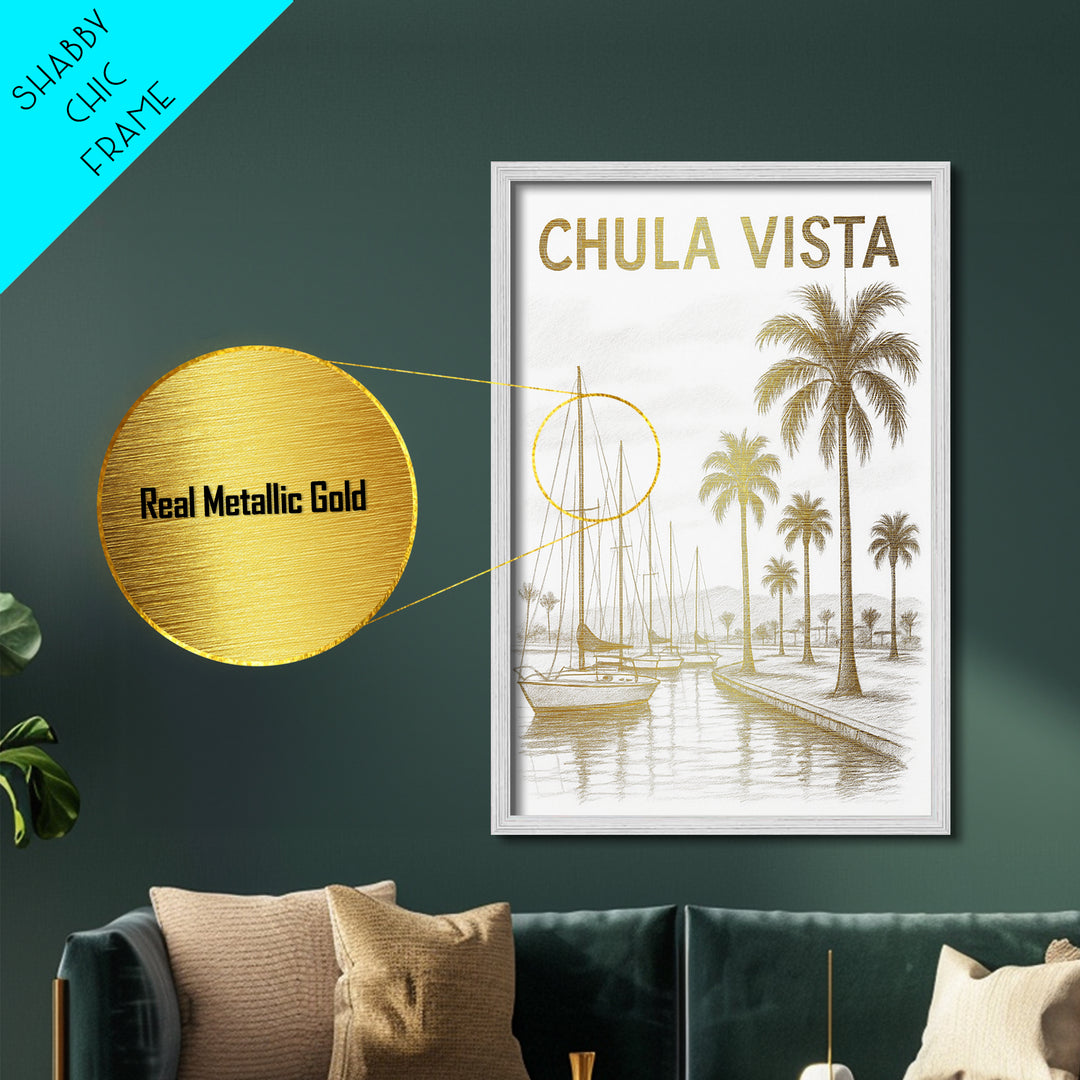 Chula Vista California travel, Metallic Gold Print, Closing Gift, Metal Art, Wood Framed Art, Anniversary Travel Gift, Retirement Travel Gift