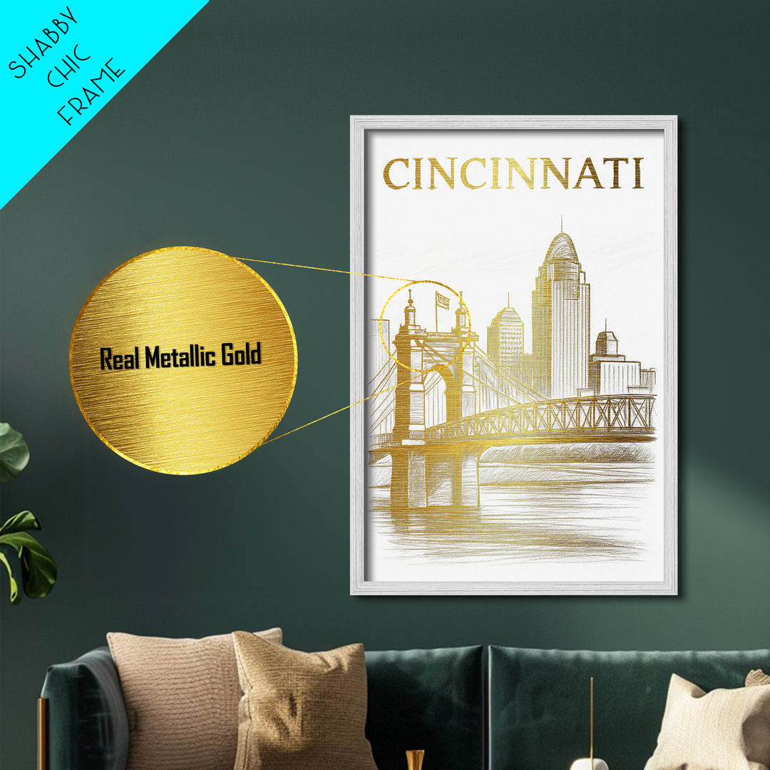 Cincinnati Ohio travel, Metallic Gold Print, Modern House Art, Metal Art, Wood Framed Art, Wanderlust Gift, Travel Art Prints