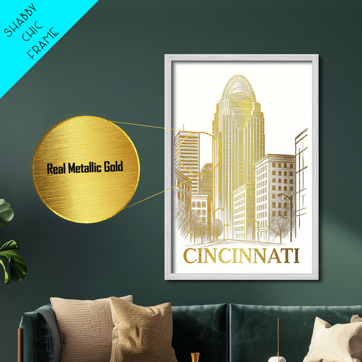 Cincinnati Ohio art, Metallic Gold Art, Travel Art Prints, Metal Art, Wood Framed Art, Adventure Lover Gift, Traveler Gift