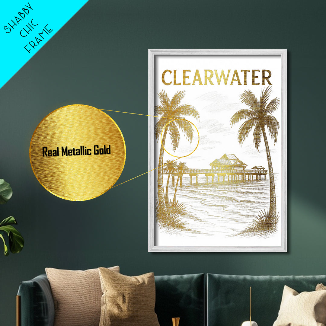 Clearwater Florida travel, Metallic Gold Print, College Dorm Décor, Metal Art, Wood Framed Art, Graduation Travel Gift, Traveler Gift