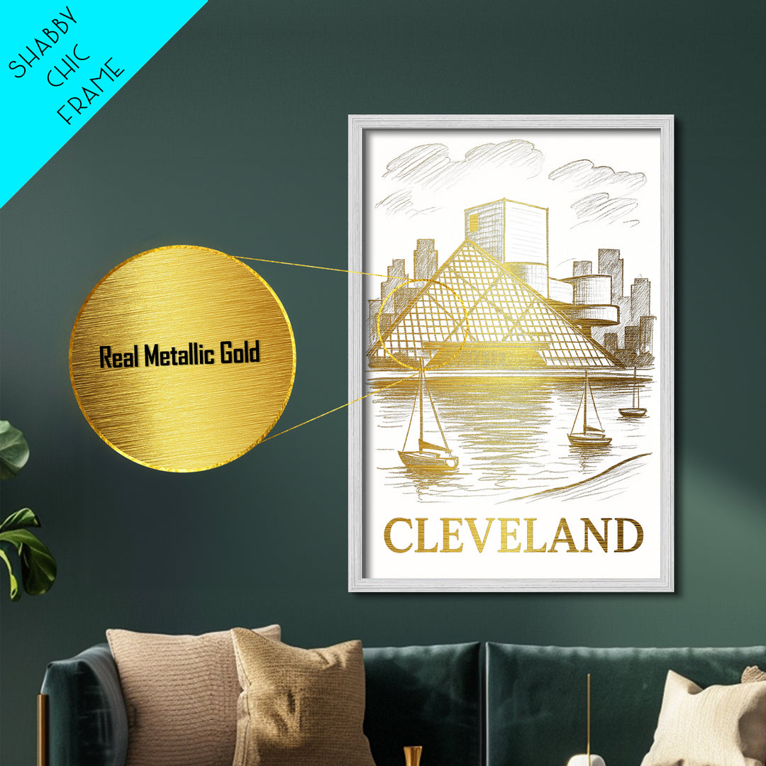 Cleveland Ohio art, Metallic Gold Art, Housewarming Gift, Metal Art, Wood Framed Art, Newlywed Travel Gift, Honeymoon Gift