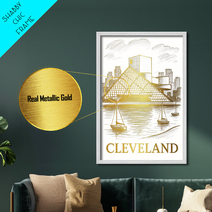 Cleveland Ohio art, Metallic Gold Art, Housewarming Gift, Metal Art, Wood Framed Art, Newlywed Travel Gift, Honeymoon Gift