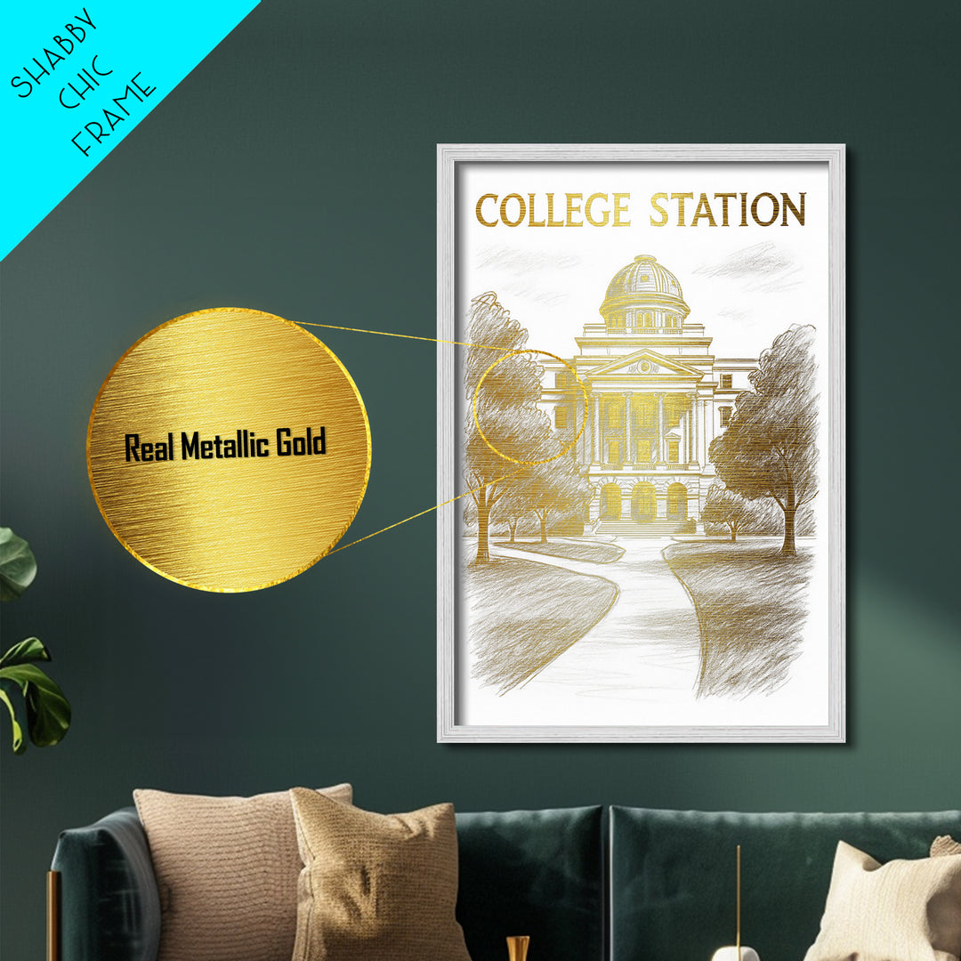 College Station Texas travel, Metallic Gold Print, College Dorm Décor, Metal Art, Wood Framed Art, Graduation Travel Gift, Traveler Gift
