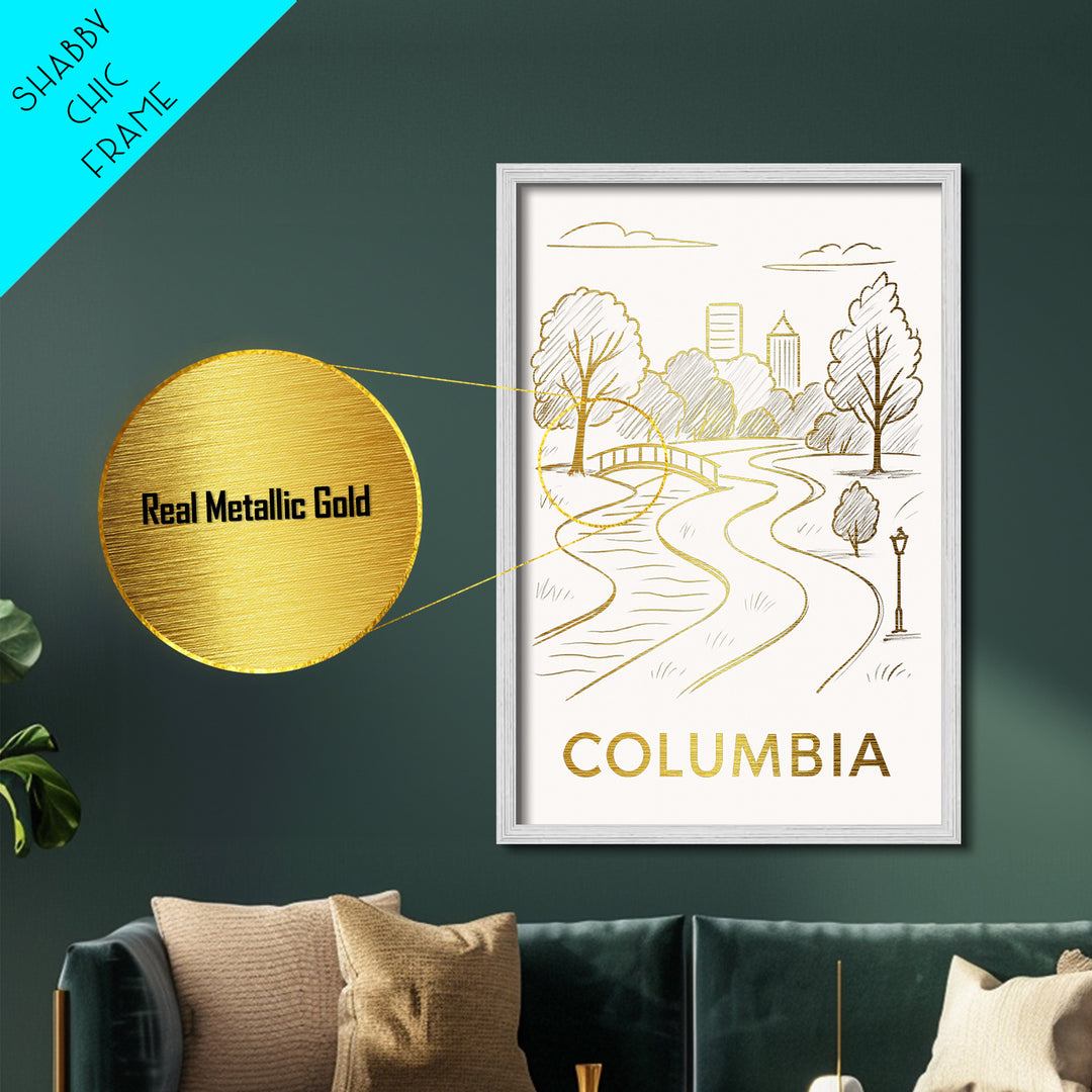 Columbia South Carolina art, Metallic Gold Art, Housewarming Gift, Metal Art, Wood Framed Art, Newlywed Travel Gift, Honeymoon Gift