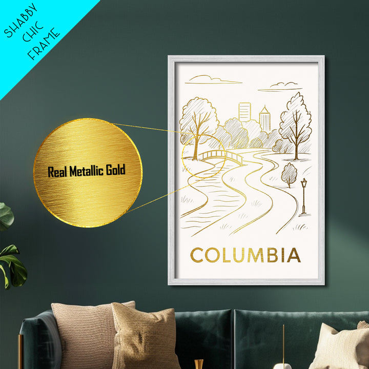 Columbia South Carolina art, Metallic Gold Art, Housewarming Gift, Metal Art, Wood Framed Art, Newlywed Travel Gift, Honeymoon Gift