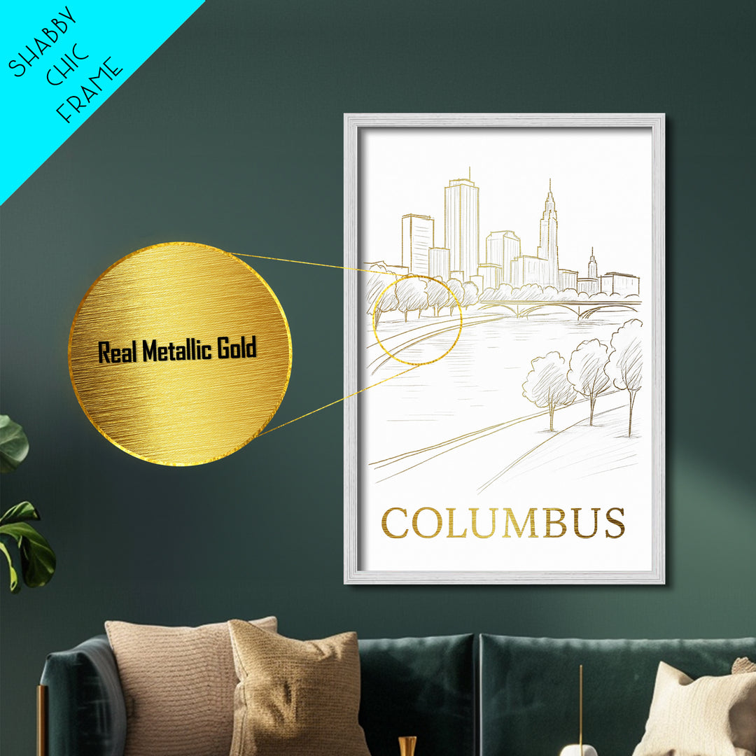 Columbus Ohio art, Metallic Gold Art, Housewarming Gift, Metal Art, Wood Framed Art, Newlywed Travel Gift, Honeymoon Gift