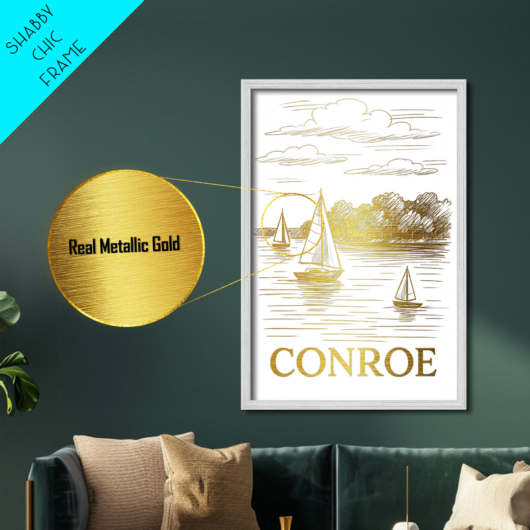 Conroe Texas art, Metallic Gold Art, Travel Art Prints, Metal Art, Wood Framed Art, Adventure Lover Gift, Traveler Gift