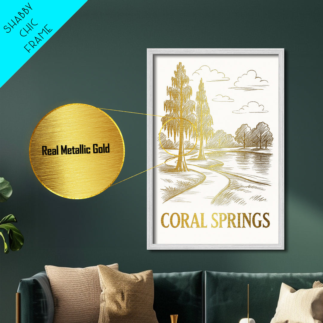 Coral Springs Florida art, Metallic Gold Art, Travel Art Prints, Metal Art, Wood Framed Art, Adventure Lover Gift, Traveler Gift