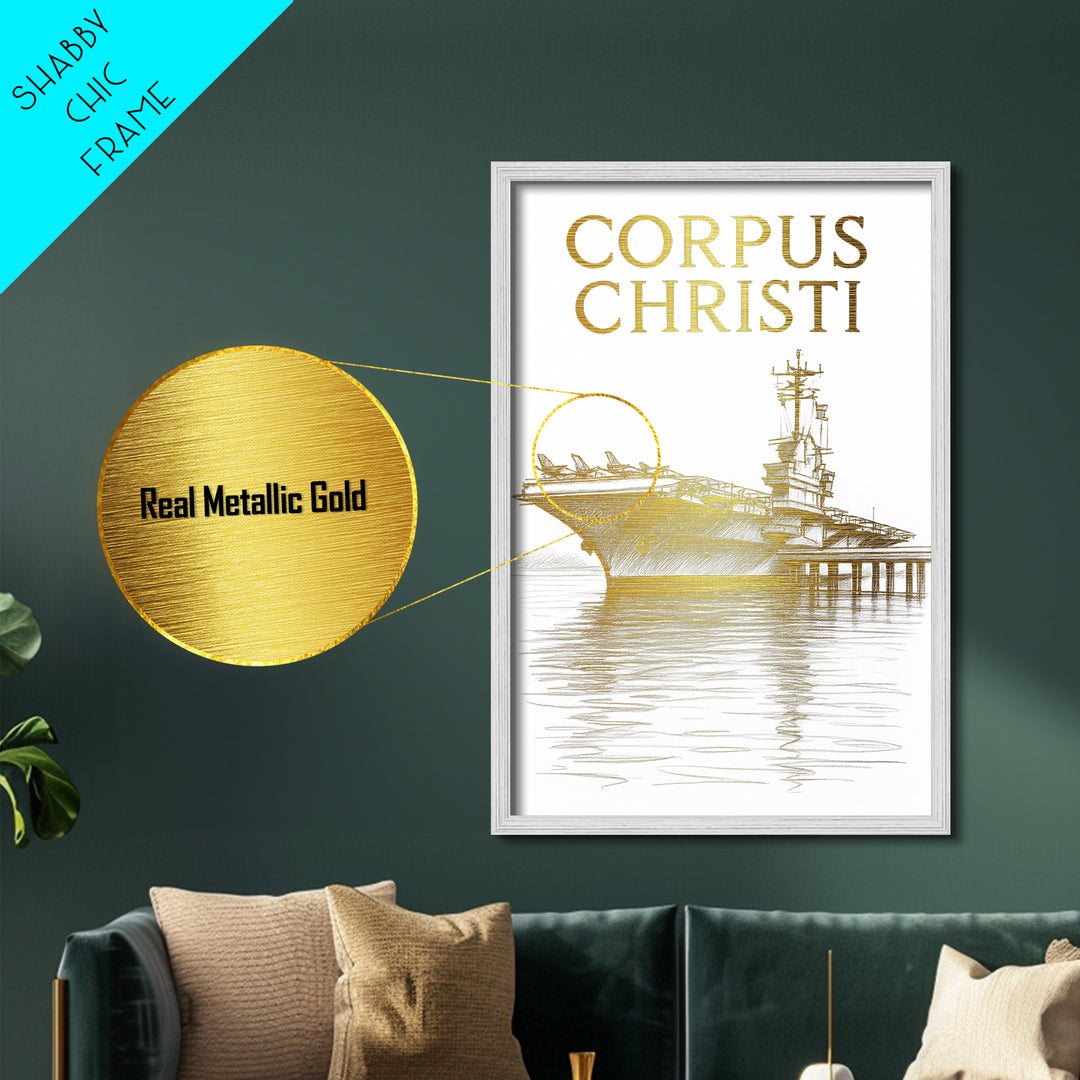 Corpus Christi Texas travel, Metallic Gold Print, College Dorm Décor, Metal Art, Wood Framed Art, Graduation Travel Gift, Traveler Gift