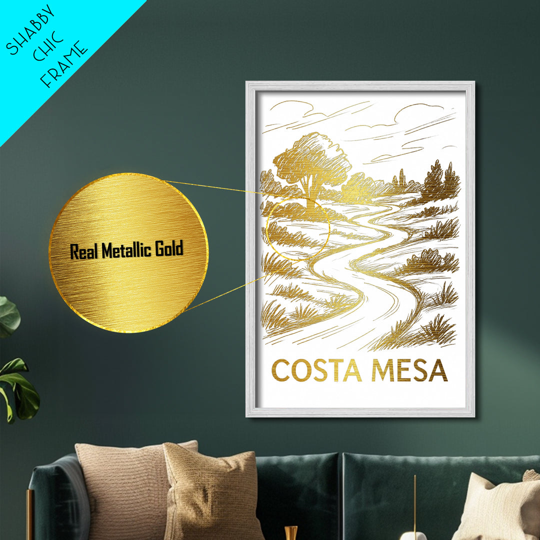 Costa Mesa California art, Metallic Gold Art, Housewarming Gift, Metal Art, Wood Framed Art, Newlywed Travel Gift, Honeymoon Gift