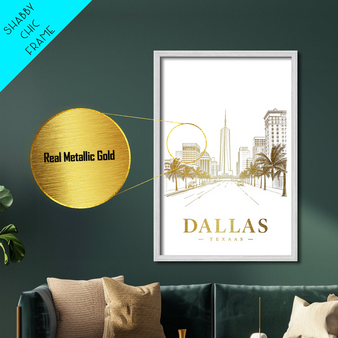 Dallas Texas travel, Metallic Gold Print, Closing Gift, Metal Art, Wood Framed Art, Anniversary Travel Gift, Retirement Travel Gift