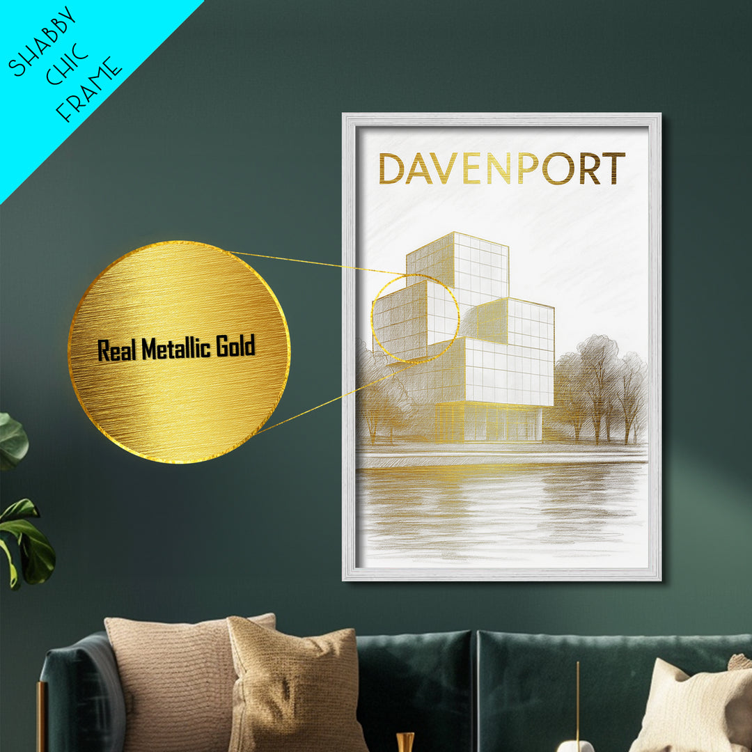 Davenport Iowa travel, Metallic Gold Print, Modern House Art, Metal Art, Wood Framed Art, Traveler Gift, Destination Gift