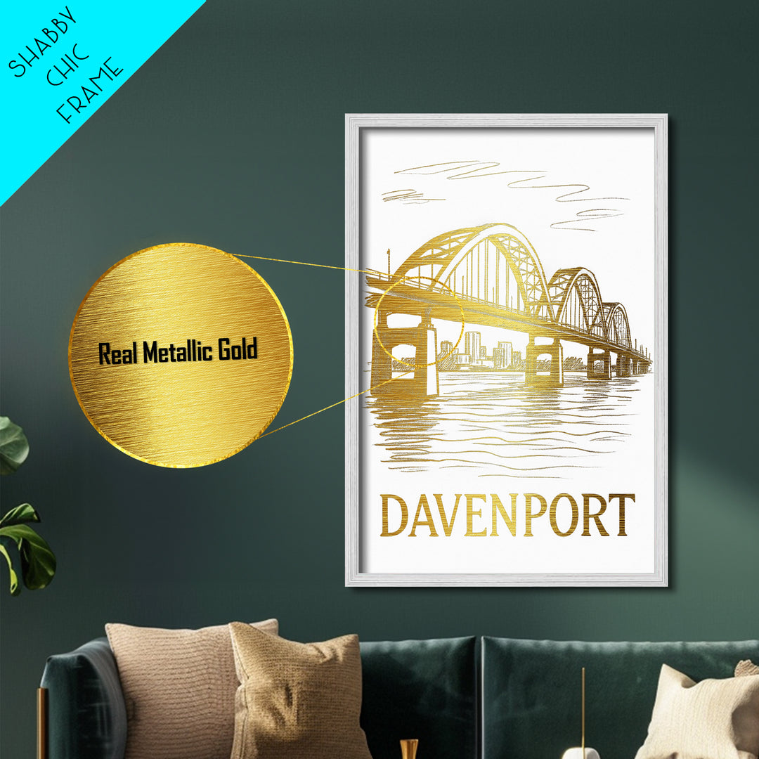 Davenport Iowa art, Metallic Gold Art, Modern House Art, Metal Art, Wood Framed Art, Graduation Travel Gift, Travel Gift
