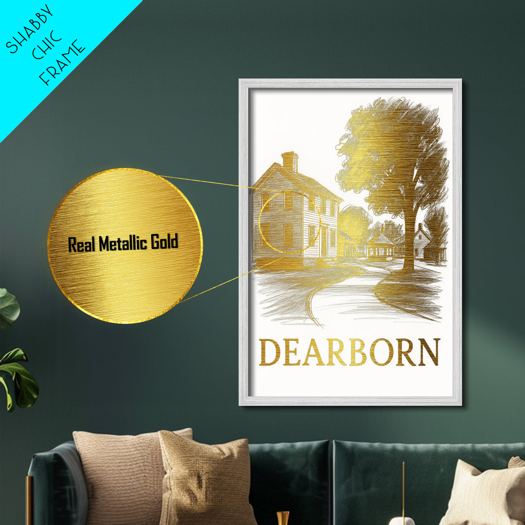 Dearborn Michigan art, Metallic Gold Art, Modern House Art, Metal Art, Wood Framed Art, Graduation Travel Gift, Travel Gift