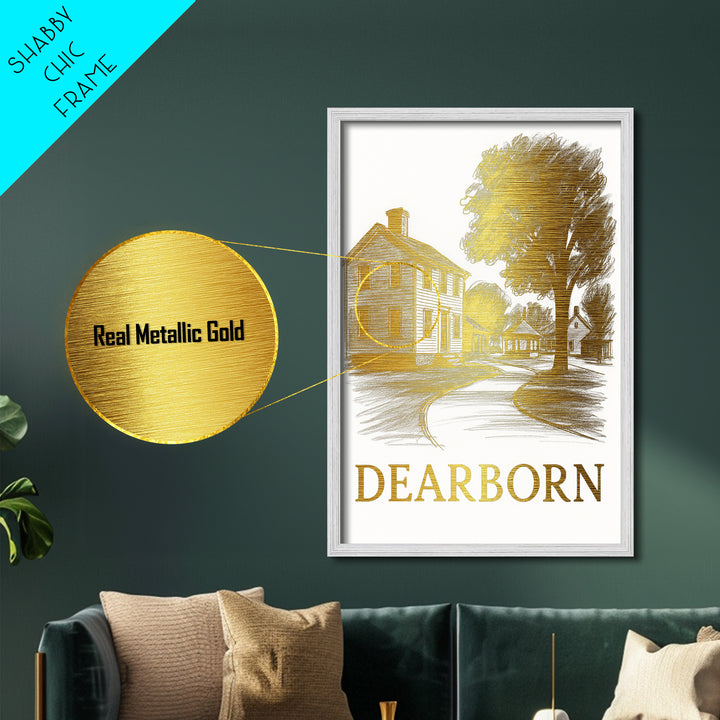 Dearborn Michigan art, Metallic Gold Art, Modern House Art, Metal Art, Wood Framed Art, Graduation Travel Gift, Travel Gift