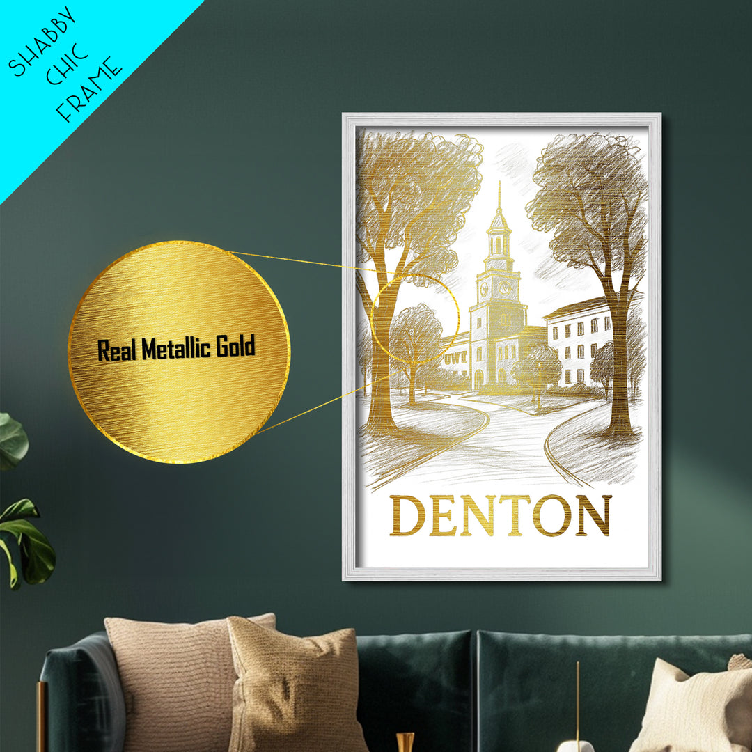 Denton Texas art, Metallic Gold Art, Best Friend Gifts, Metal Art, Wood Framed Art, Birthday Travel Gift, Destination Gift