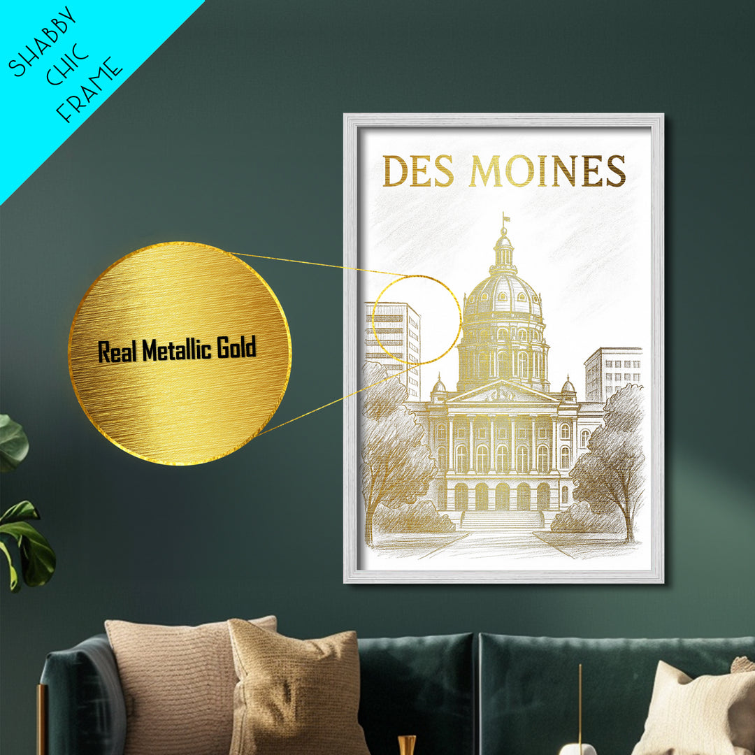 Des Moines Iowa travel, Metallic Gold Print, Closing Gift, Metal Art, Wood Framed Art, Anniversary Travel Gift, Retirement Travel Gift