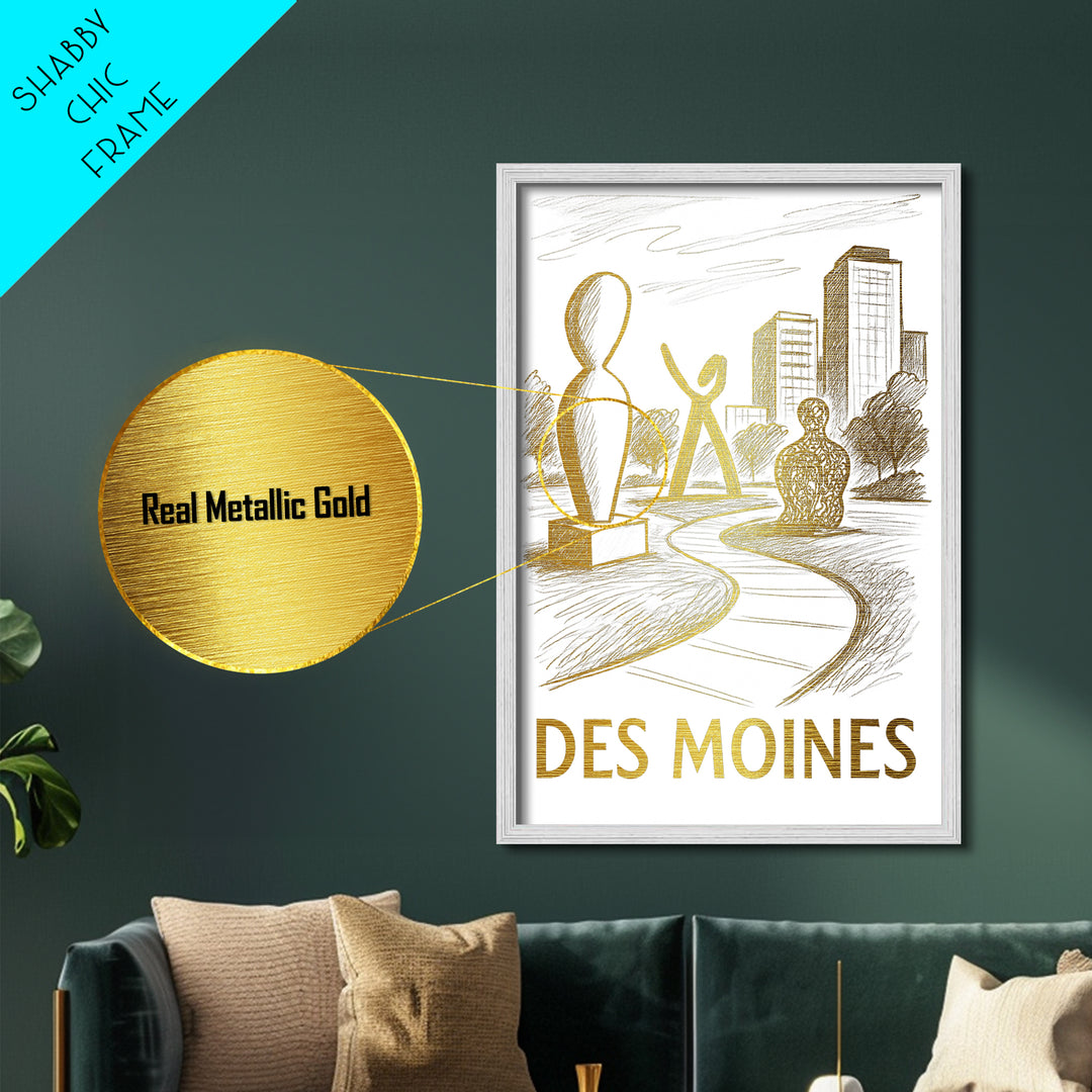 Des Moines Iowa art, Metallic Gold Art, Office Decor, Metal Art, Wood Framed Art, Graduation Travel Gift, Destination Gift