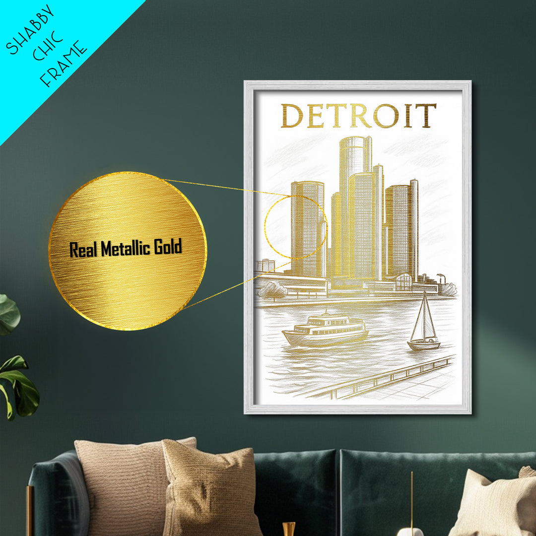 Detroit Michigan travel, Metallic Gold Print, Modern House Art, Metal Art, Wood Framed Art, Wanderlust Gift, Travel Art Prints
