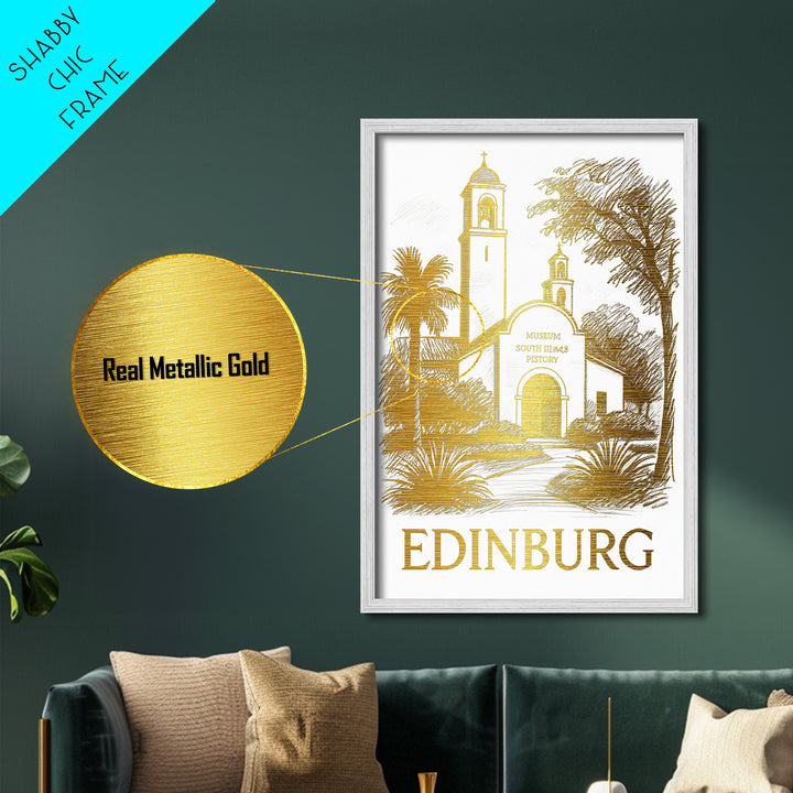 Edinburg Texas art, Metallic Gold Art, Housewarming Gift, Metal Art, Wood Framed Art, Newlywed Travel Gift, Honeymoon Gift