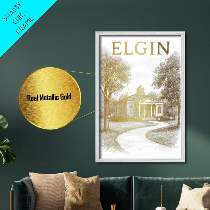 Elgin Illinois travel, Metallic Gold Print, Modern House Art, Metal Art, Wood Framed Art, Traveler Gift, Destination Gift