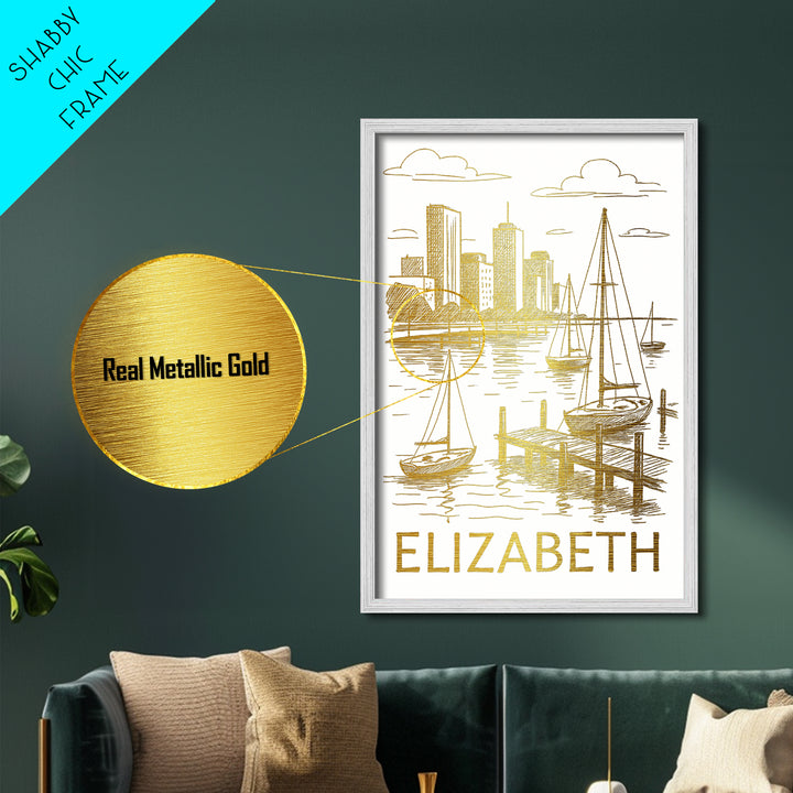 Elizabeth New Jersey art, Metallic Gold Art, Best Friend Gifts, Metal Art, Wood Framed Art, Birthday Travel Gift, Destination Gift