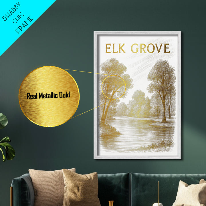 Elk Grove California travel, Metallic Gold Print, Modern Skyline Wall Print, Metal Art, Wood Framed Art, Adventure Lover Gift, Travel Gift