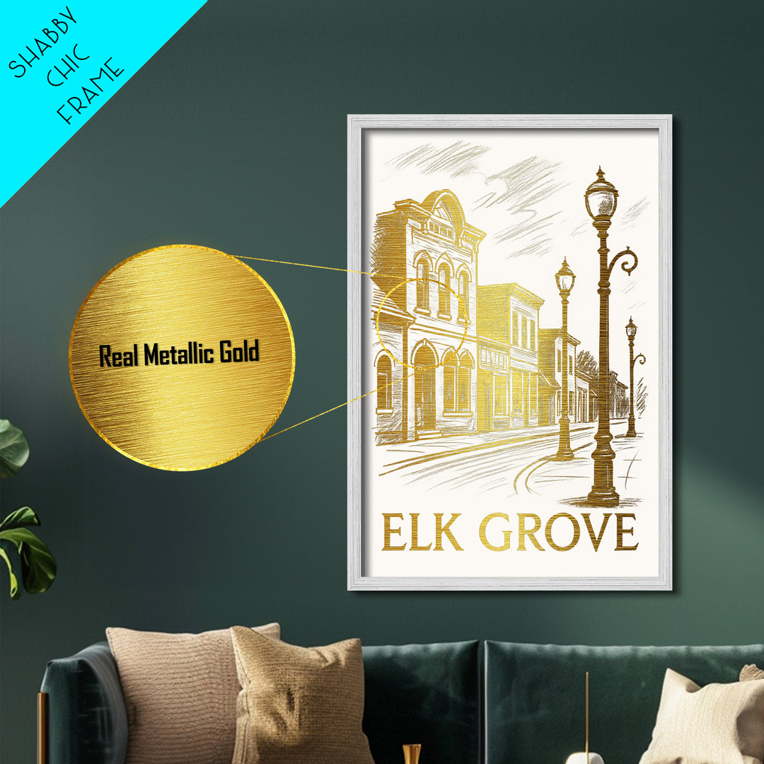 Elk Grove California art, Metallic Gold Art, Housewarming Gift, Metal Art, Wood Framed Art, Newlywed Travel Gift, Honeymoon Gift
