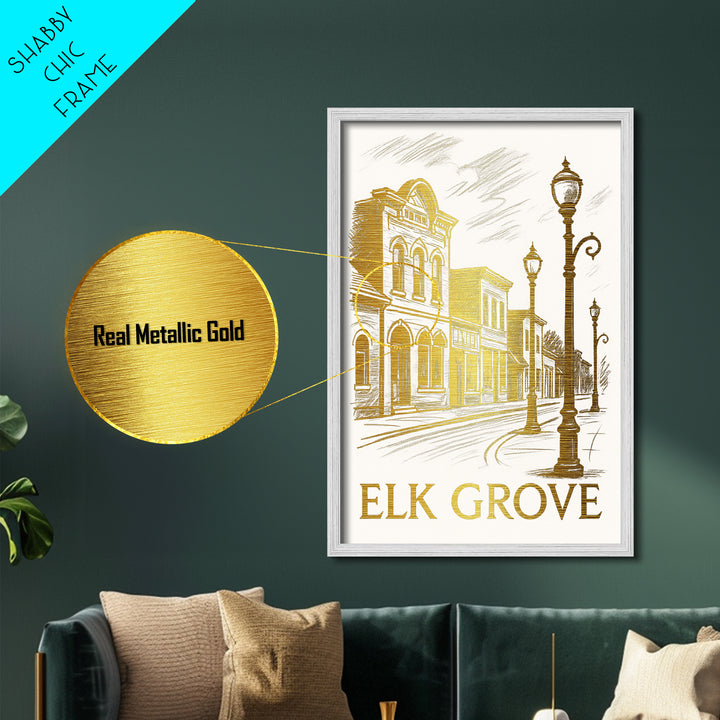 Elk Grove California art, Metallic Gold Art, Housewarming Gift, Metal Art, Wood Framed Art, Newlywed Travel Gift, Honeymoon Gift