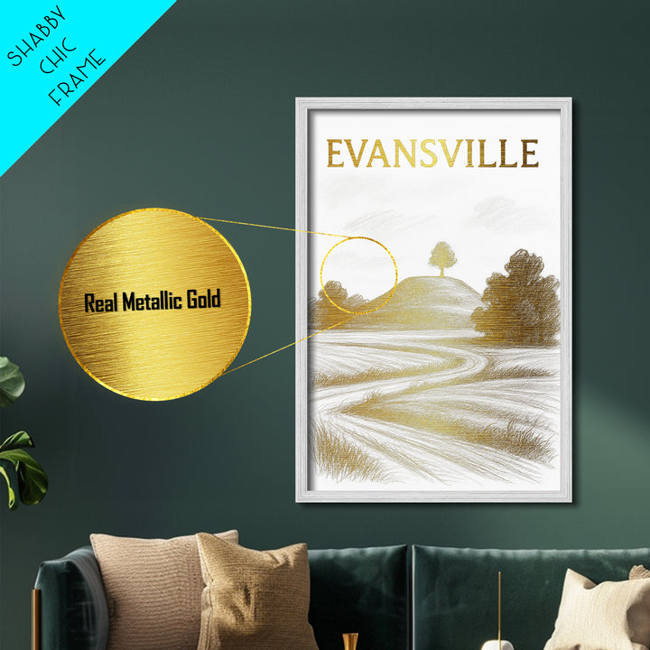 Evansville Indiana travel, Metallic Gold Print, Modern Skyline Wall Print, Metal Art, Wood Framed Art, Adventure Lover Gift, Travel Gift