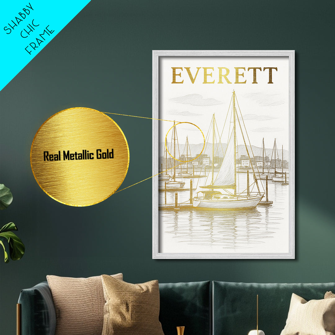 Everett Washington travel, Metallic Gold Print, Closing Gift, Metal Art, Wood Framed Art, Anniversary Travel Gift, Retirement Travel Gift