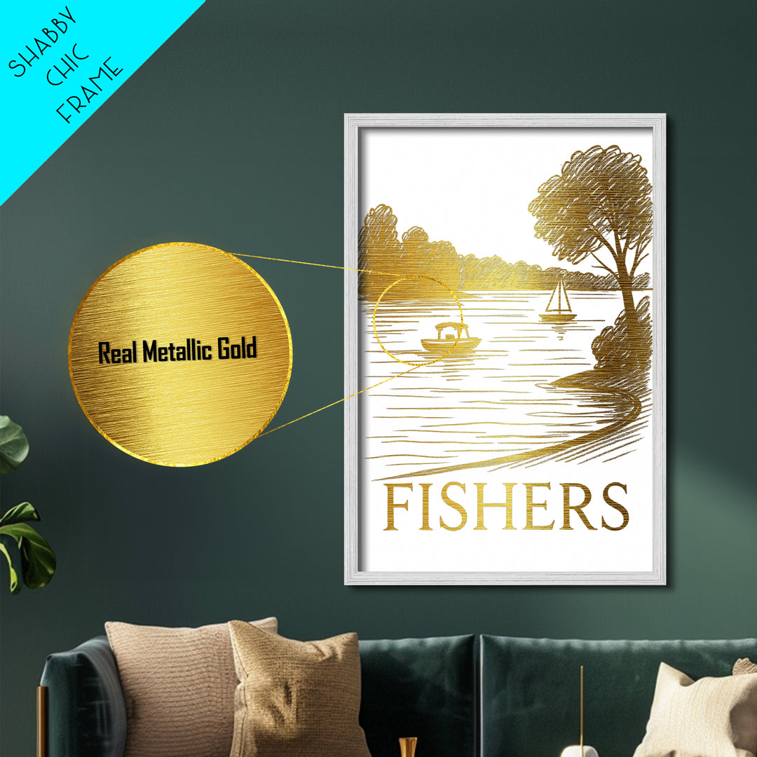 Fishers Indiana art, Metallic Gold Art, Office Decor, Metal Art, Wood Framed Art, Graduation Travel Gift, Destination Gift
